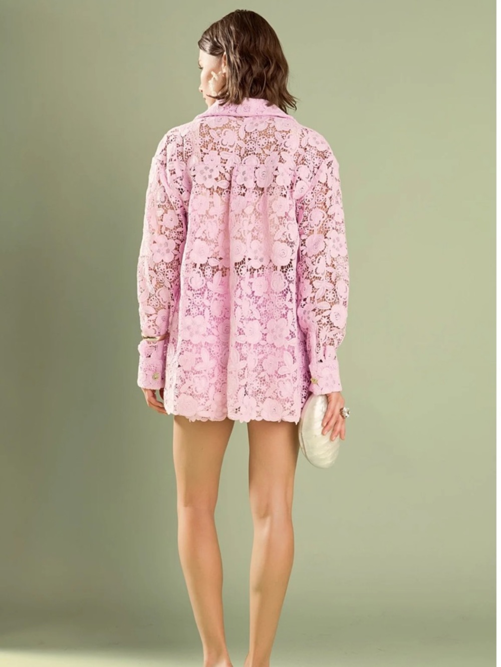 English Factory Pink Lace Crochet Button-Front Top - Picture 2 of 10